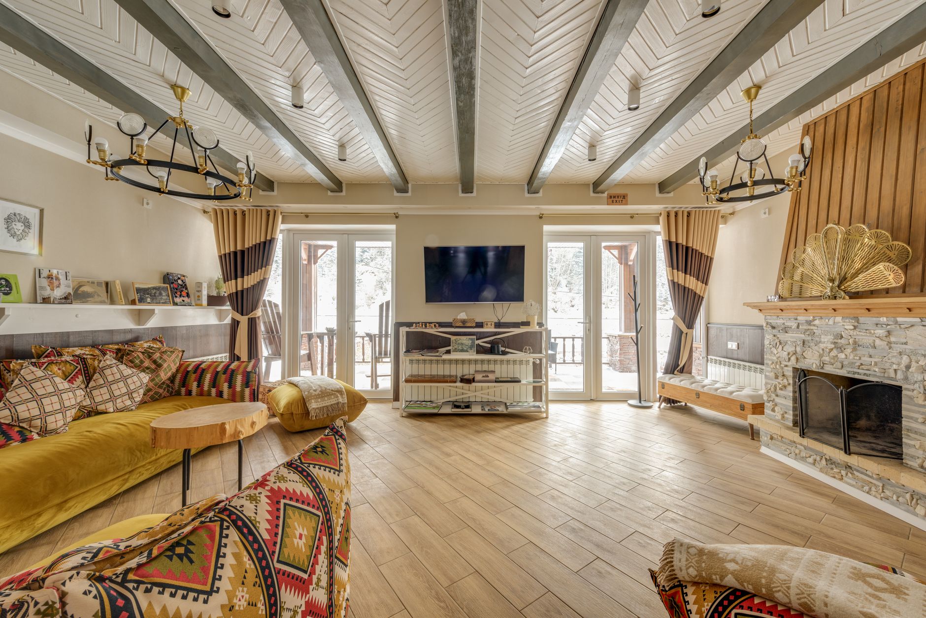 Traditional Spanish hunting lodge interior with fireplace